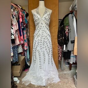 Oleg Cassini White V-Neck Beaded Prom Gown